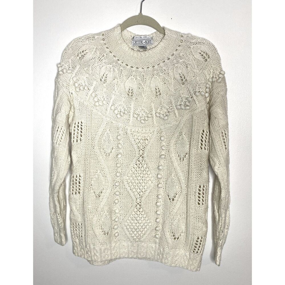 VTG Krystal Kobe Ramie Cotton Blend Ivory Pullover Knit Slouchy Sweater Sz L
